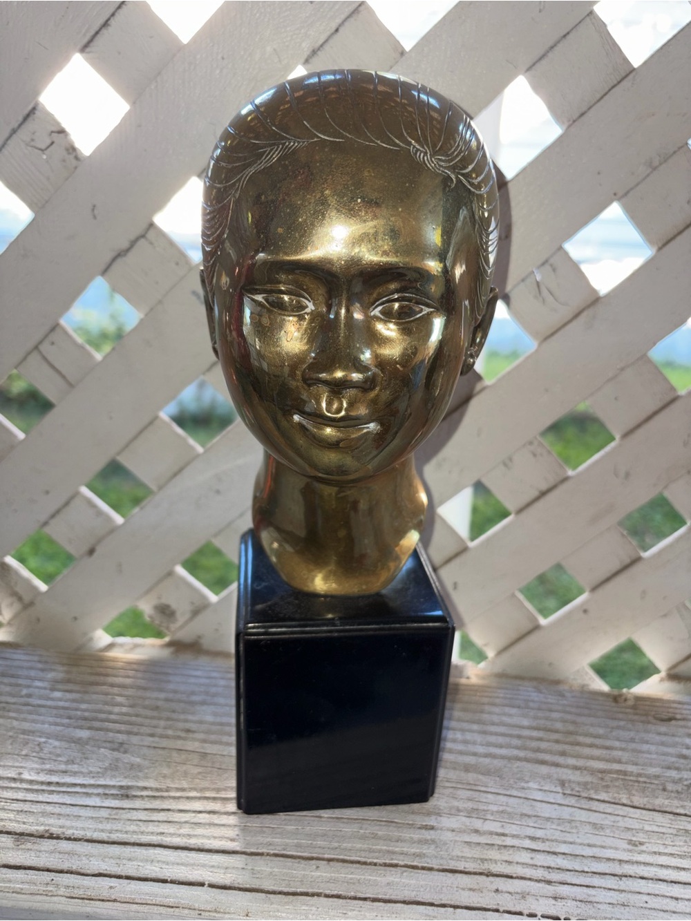 Vintage Brass Head Bust Sculpture on Black Base - Gold Accent Home Art